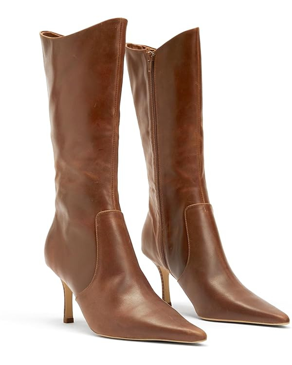 Coutgo Womens Mid Calf Boots Pointed Toe High Heel Long Boots Side Zipper Winter Dress Shoes | Amazon (US)