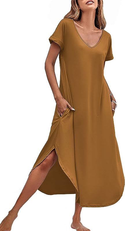 Ekouaer Nightgowns for Women V Neck Nightshirts Short Sleeve Soft Sleepwear Side Split Pockets Lo... | Amazon (US)