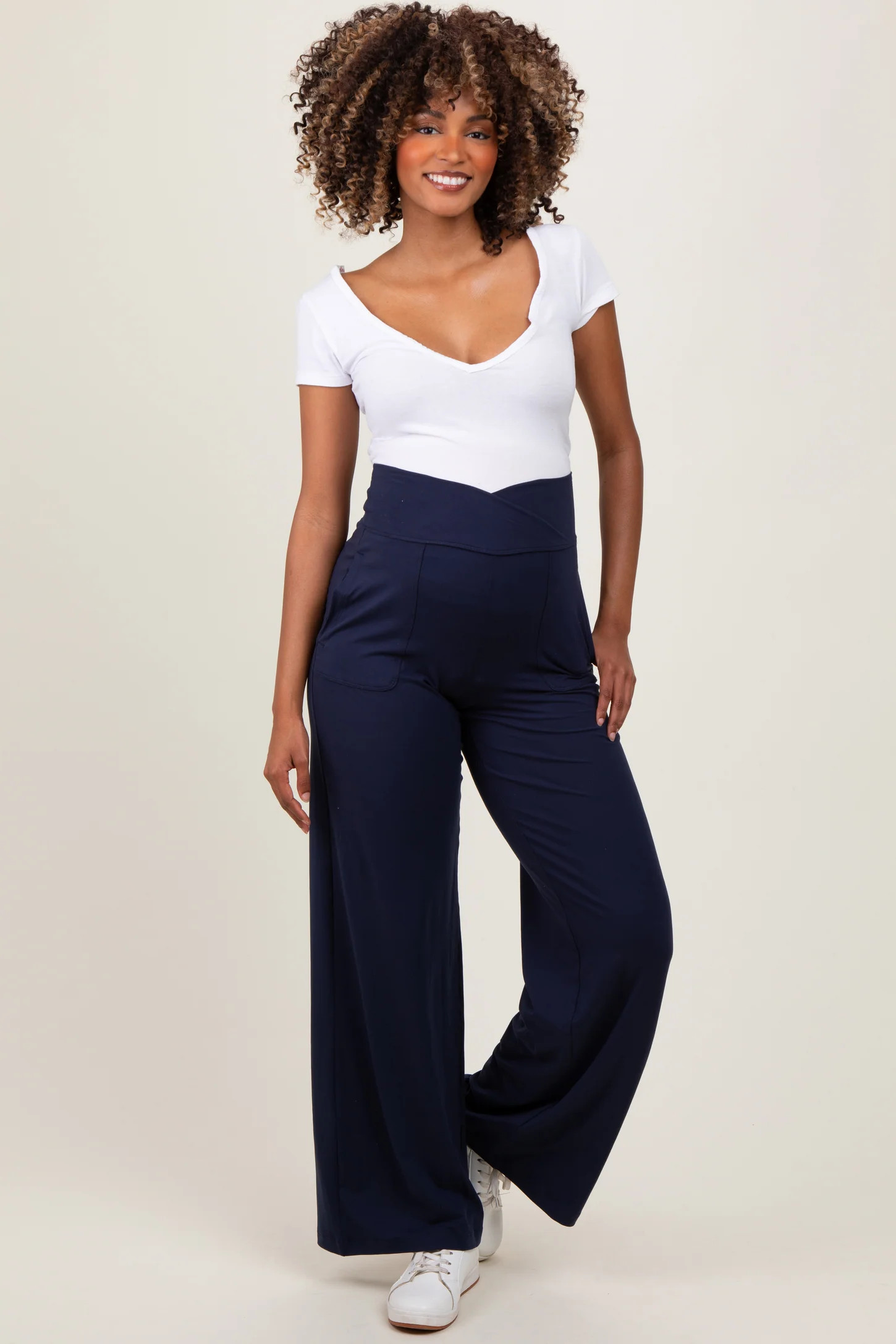 Navy Crossover Waist Active Wide Leg Maternity Pant | PinkBlush Maternity