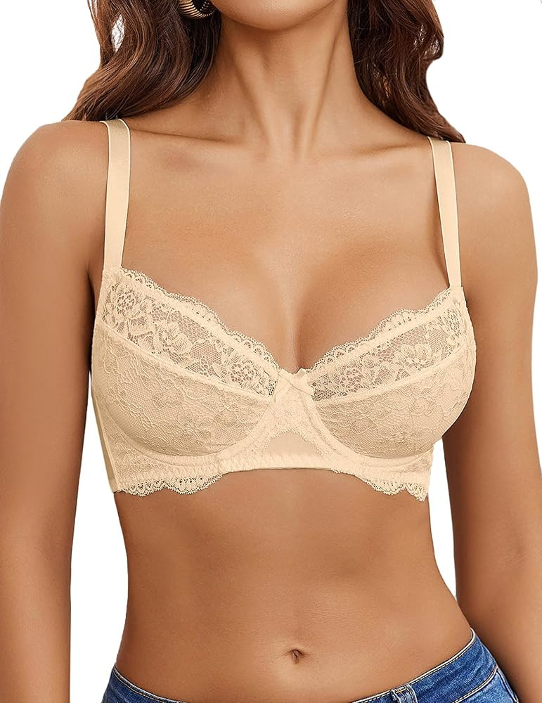 Avidlove Women's Sexy Lace Bra Mesh Balconette Underwire Unlined Everyday Bra Lingerie Champagne ... | Amazon (US)