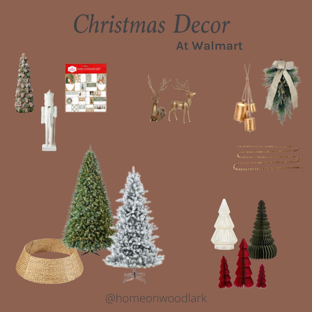 Walmart Christmas decor includes Christmas trees, Christmas collar, accordion Christmas trees, gold bells, Christmas swag, brass reindeer, nutcracker, gift tags.  

#LTKHalloween #LTKSeasonal #LTKHome