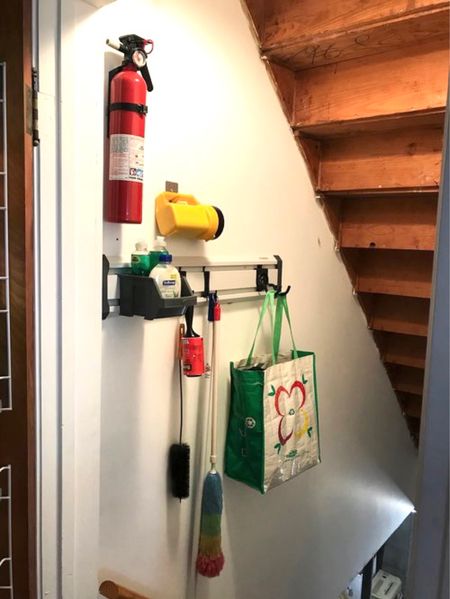 Utilizing wall space in closets and stairwells is a great way to store your supplies. We just recently tried the Gladiator GarageWorks Geartrack in this small space and the space is now much tidier as well as functional. The channel holds up to 75lbs and hooks hold 5-50lbs.

#LTKhome