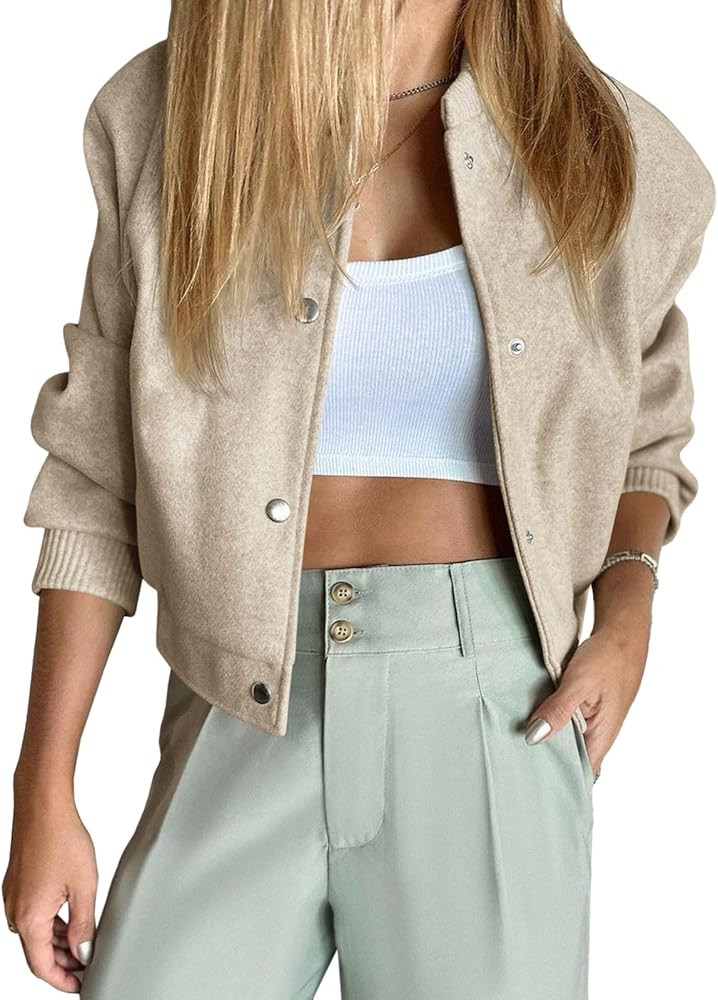 Tankaneo Womens Cropped Bomber Jacket Wool Blend Varsity Short Pea Coats Long Sleeve Button Down ... | Amazon (US)