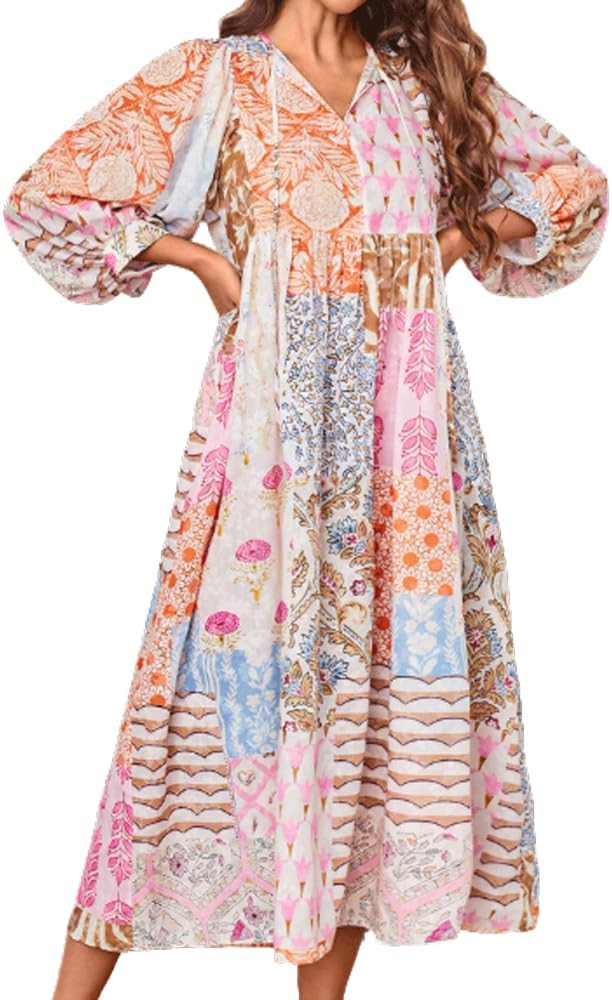 CHARTOU Women Boho Floral Printed Long Dress Summer Lantern Half Sleeve Beach Flowy Loose Swing S... | Amazon (US)