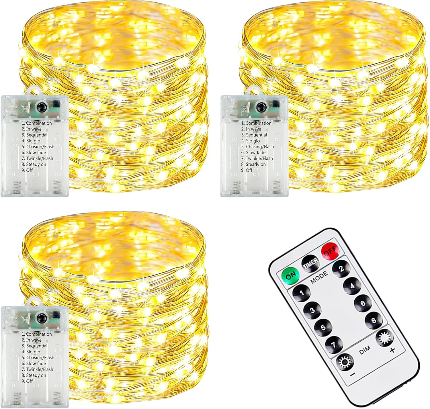 3 PK 78FT 240LED Fairy Lights Battery Operated with Timer Remote Warm White | Amazon (US)