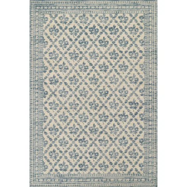 Anders Traditional Floral Wool and Nylon Blue Area Rug | Wayfair North America