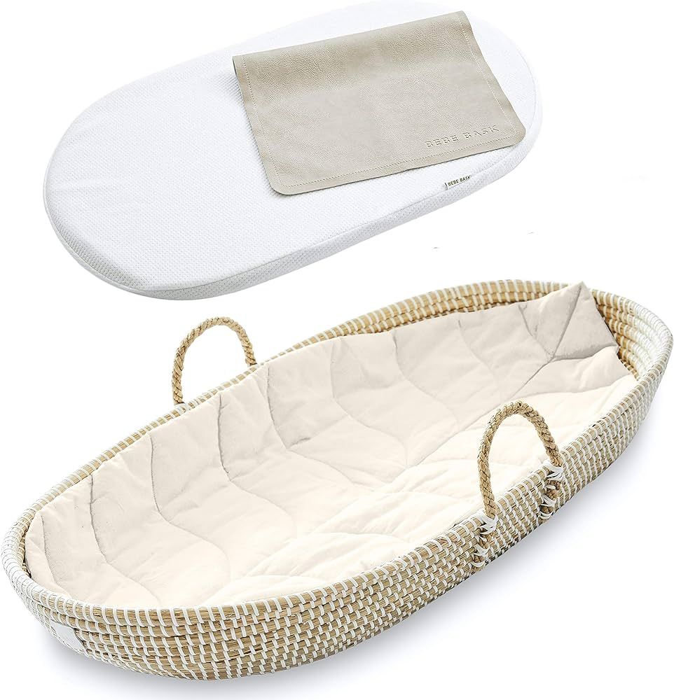 Premium Seagrass Baby Changing Basket with Pad - Handmade Baby Moses Basket - Luxury Leaf Liner -... | Amazon (US)