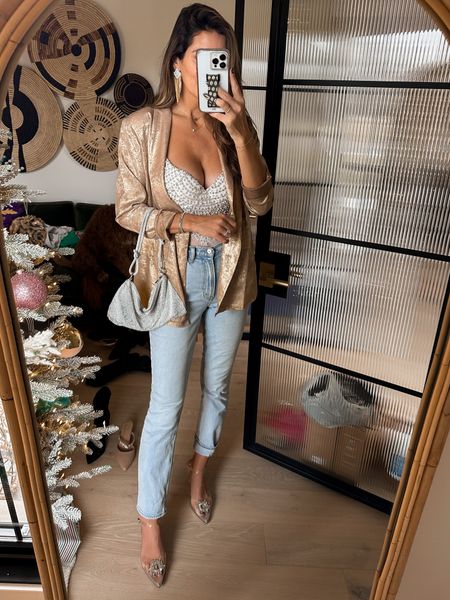 Vegas look. Date night look. Gold metallic blazer. Clear heels. Rhinestone purse. Beaded bodysuit. 
(Bodysuit is a small, shoes I went up a half size, blazer is from 12th tribe I can’t link it here)  

#LTKshoecrush #LTKstyletip #LTKunder100