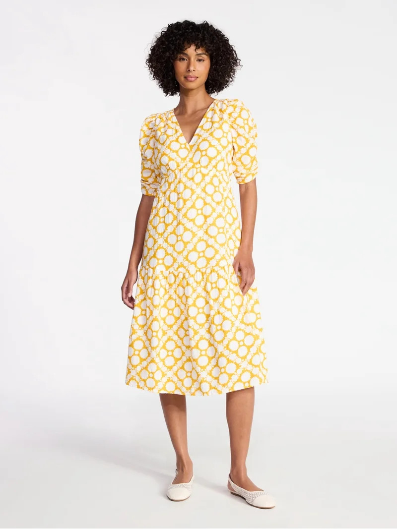 Time and Tru Women's Cotton Tiered Midi Dress with Elbow Length Sleeves, Sizes XS-XXXL | Walmart (US)