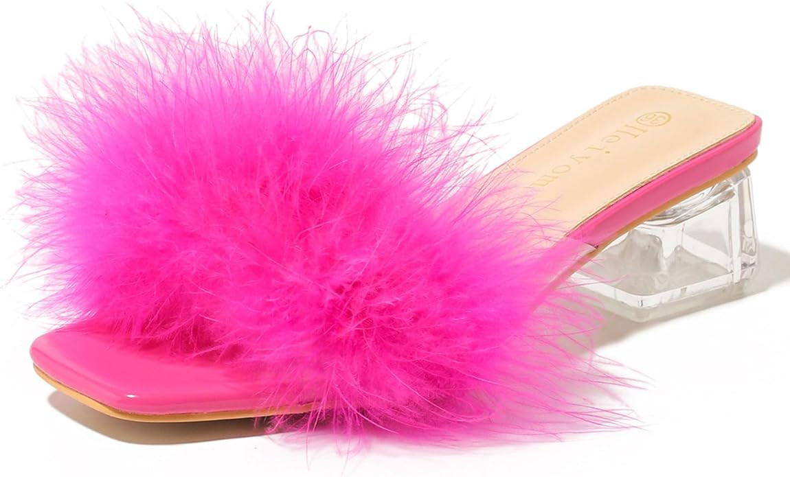 Heiyom Women's Square Toe Low Block Chunky Heels Mules Sandals Fluffy Feather Slip on Clear Heels... | Amazon (US)