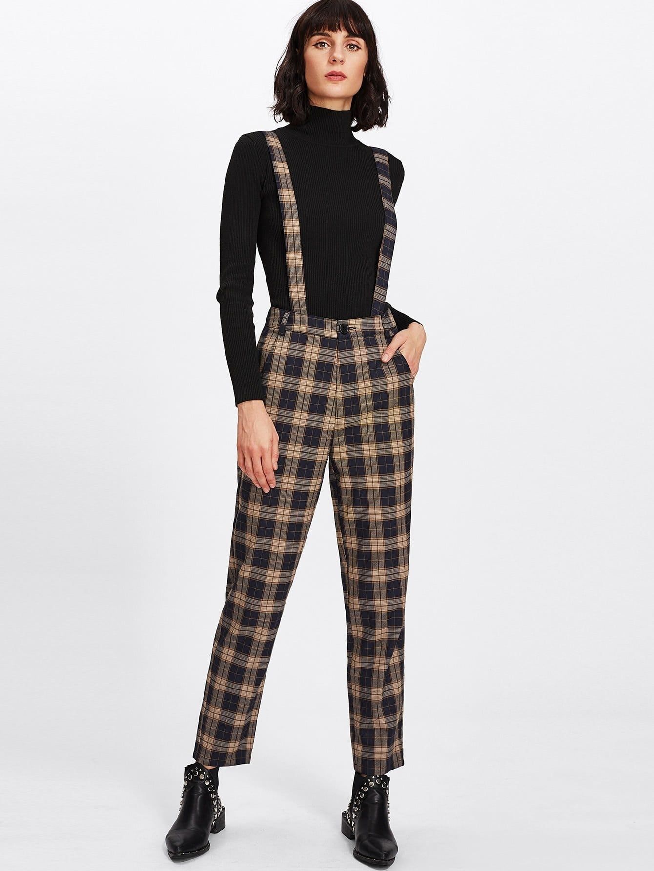 Plaid Tapered Pants With Strap | ROMWE