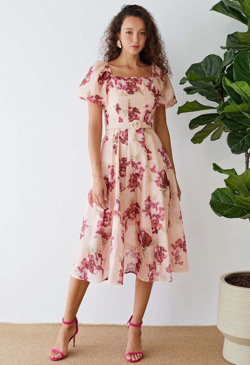 Bubble Sleeve Floral Print Belted Midi Dress | Chicwish