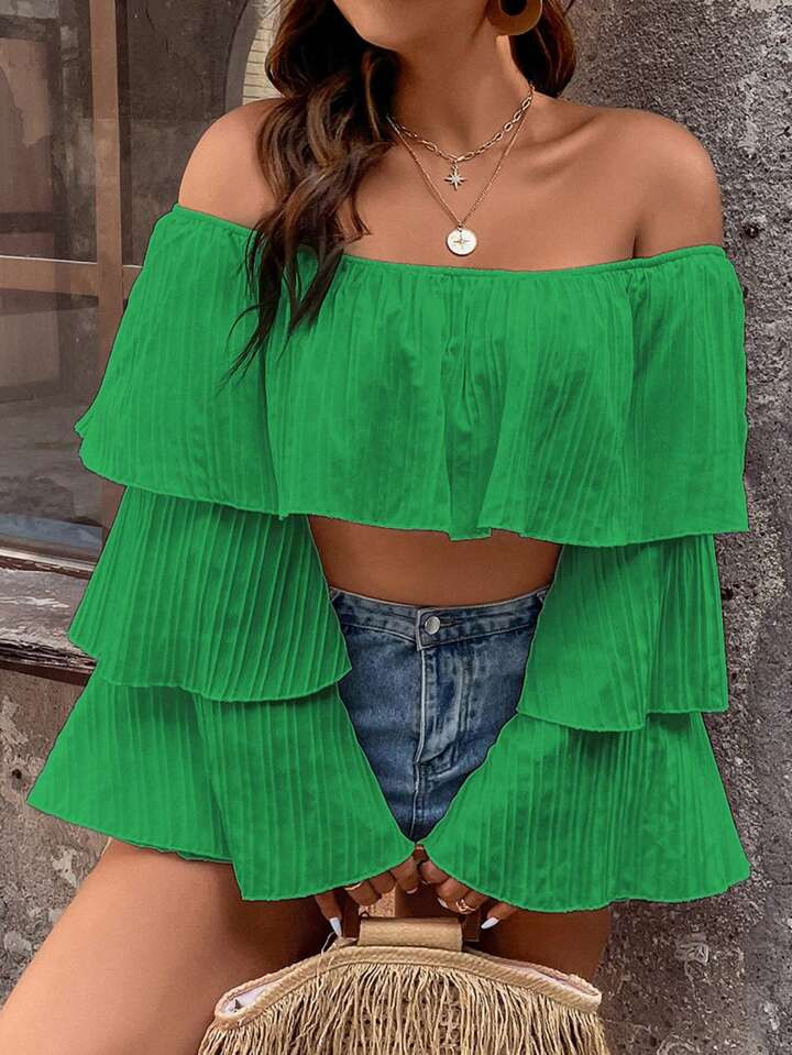 SHEIN Unity Plus Off Shoulder Ruffle Trim Flounce Sleeve Crop Top | SHEIN