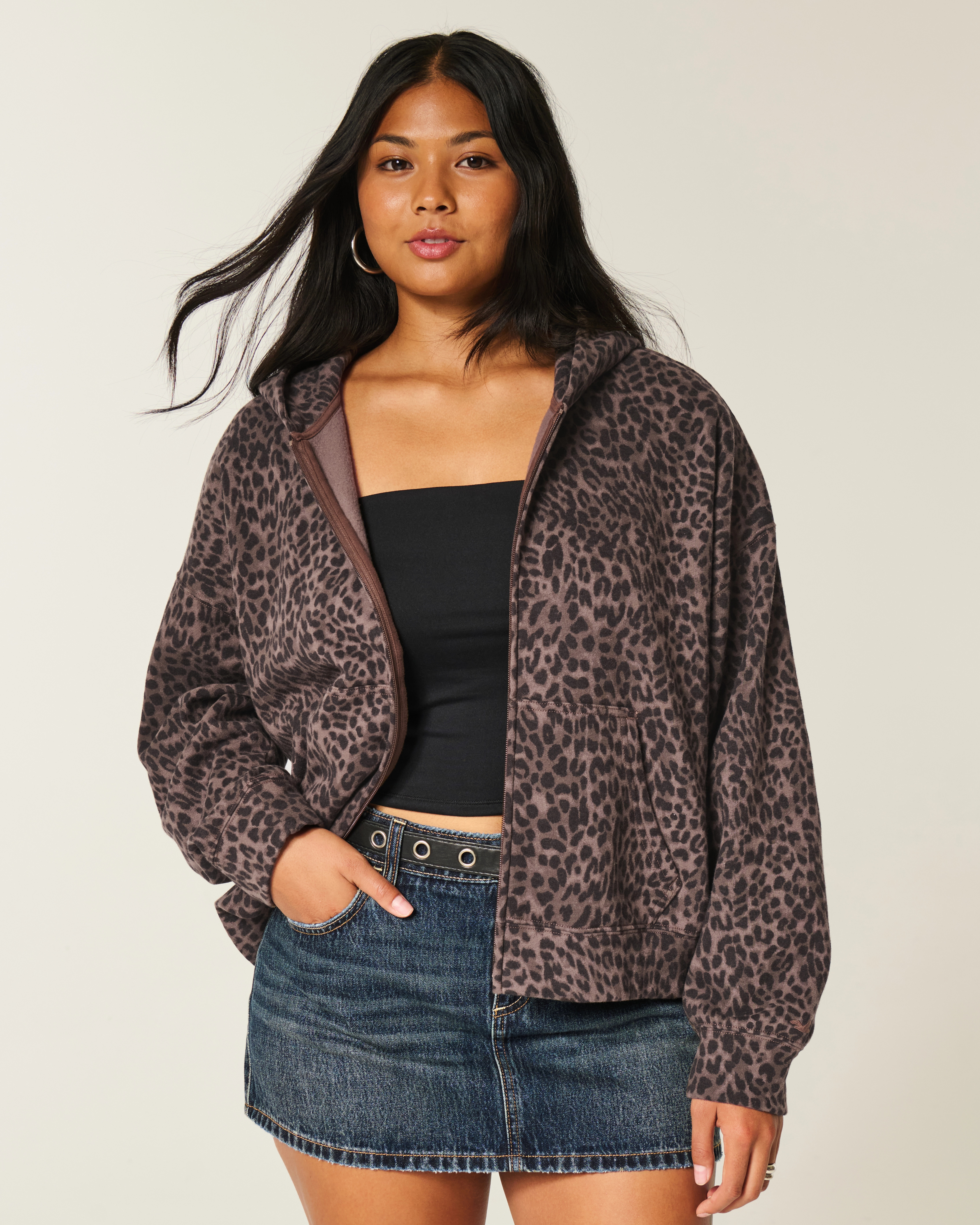 Oversized Leopard Print Zip-Up Hoodie | Hollister (US)