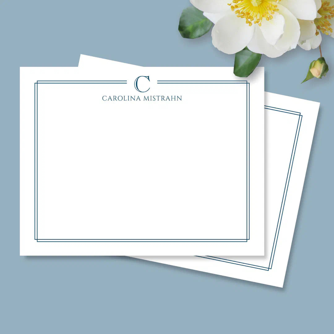 Monogram Elegant Navy Blue Border Stationery Note Card | Zazzle | Zazzle