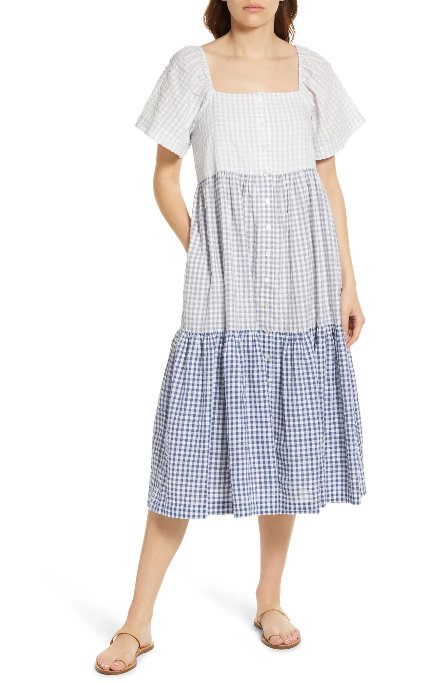 Madewell Patchwork Gingham Button Front Tiered Midi Dress | Nordstrom | Nordstrom