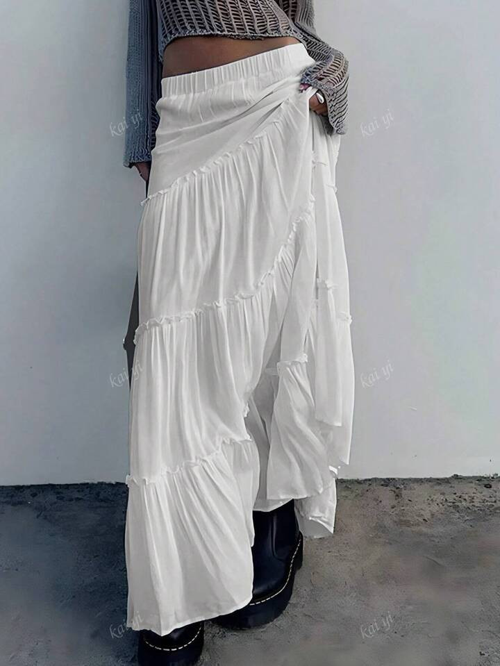 Skirt Boho Long Skirt Solid Ruffle Hem Skirt,Women's Cake Skirt,Gentle A-Line Skirt,Spring/Summer... | SHEIN