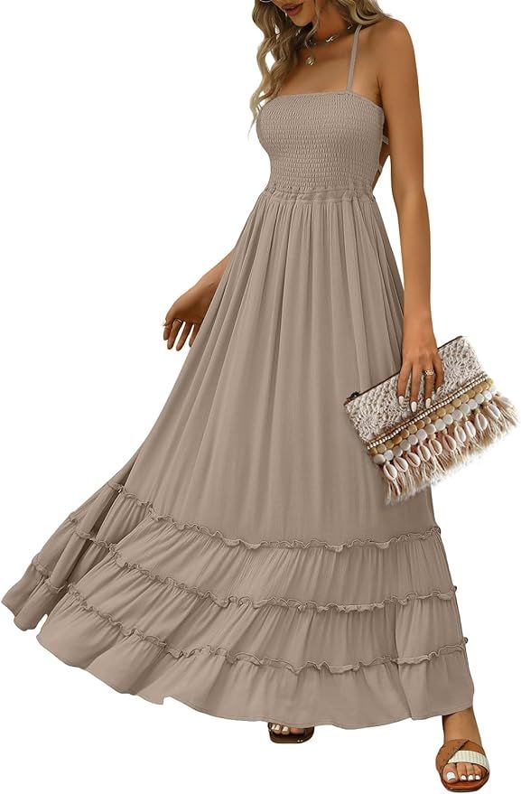 LILLUSORY Women's Smocked Maxi Dresses Summer 2023 Sexy Flowy Beach Long Backless Slip Dress | Amazon (US)