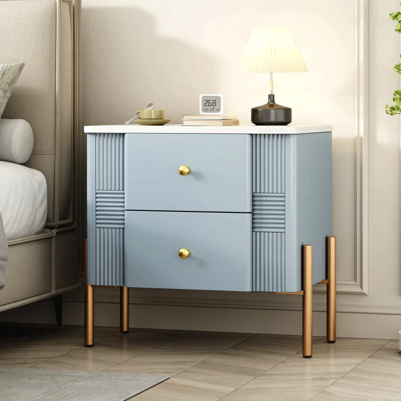 Blue 2-Drawer Nightstand, Modern Fluted Bedside Table with Golden Metal Handles & Legs | Wayfair North America
