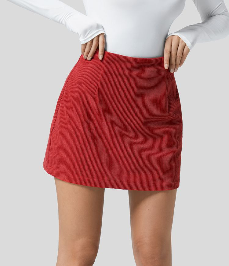High Waisted Invisible Zipper 2-in-1 A Line Mini Corduroy Casual Skirt | HALARA