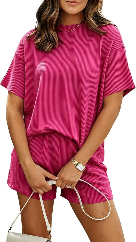 BDITANLE Women's 2 Piece Lounge Set Short Sleeve Wide Leg Shorts Pockets | Amazon (US)