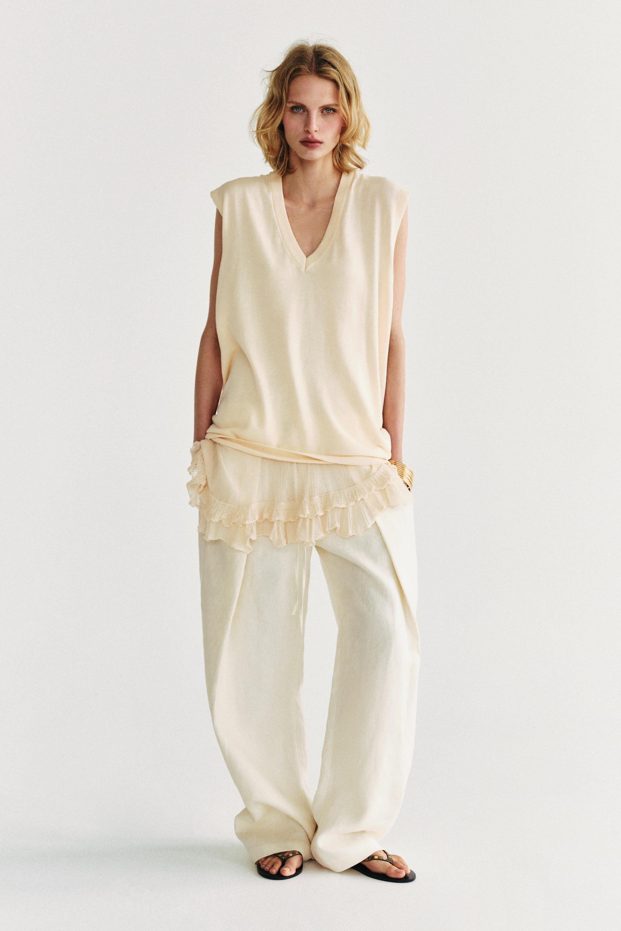 DescriptionContentsMeasurementsV-neck sleeveless vest. Asymmetric hem with combined fabric detail... | Zara US