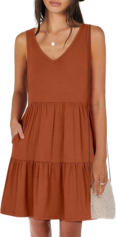 ANRABESS Womens Summer Casual Tank Dress Sleeveless V Neck T Shirt Sundress Flowy Tiered Swing Mi... | Amazon (US)