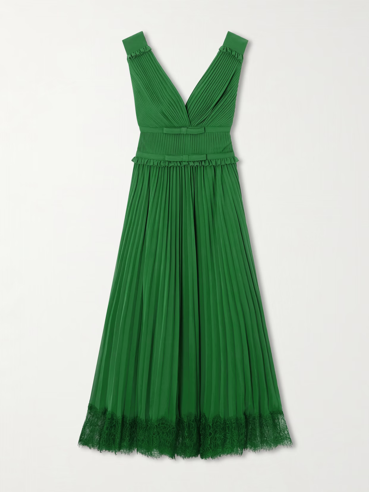 Self-Portrait - Lace-trimmed Pleated Chiffon Midi Dress - Green | NET-A-PORTER (US)