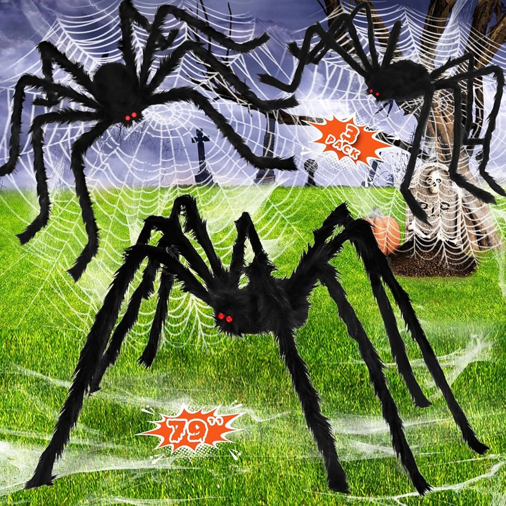 Halloween Spider Decorations (3 Pack), Realistic Scary Giant Spiders Fake Hairy Large Spiders Pro... | Amazon (US)