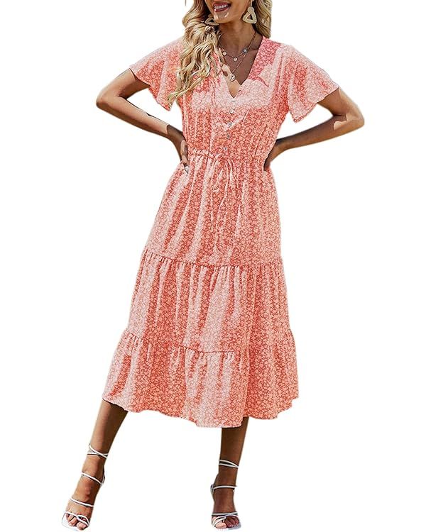 PRETTYGARDEN Women's Floral Boho Dress Casual Short Sleeve V Neck Ruffle Tiered 2024 Summer Swing... | Amazon (US)