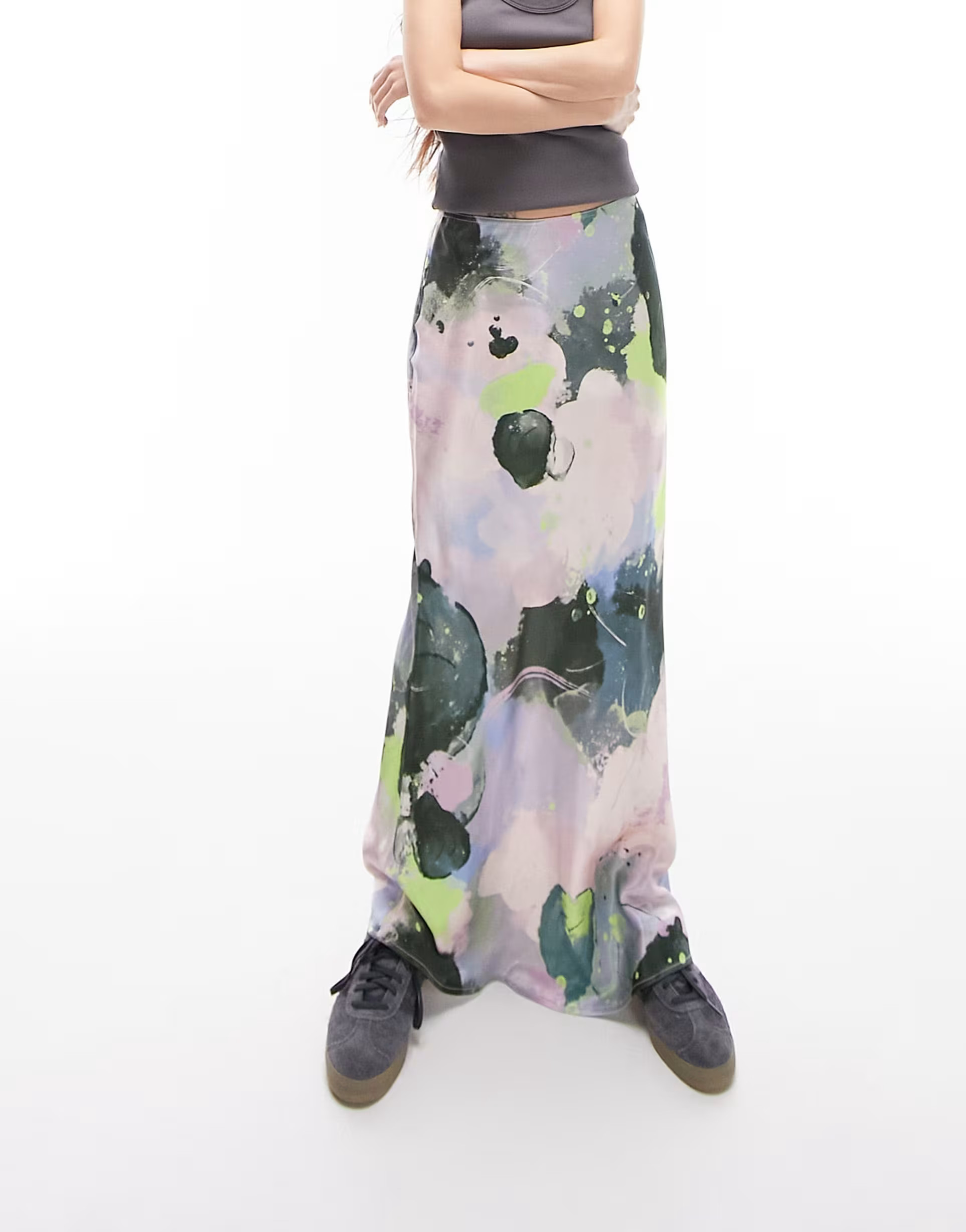 Topshop graffiti print satin bias maxi skirt in multi | ASOS (Global)
