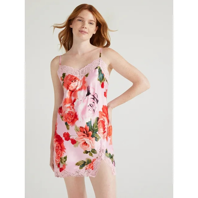 Joyspun Women’s Lace Trim Satin Chemise, Sizes S to 3X | Walmart (US)