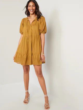 Puff-Sleeve Tiered Embroidered Mini Swing Dress for Women | Old Navy (US)