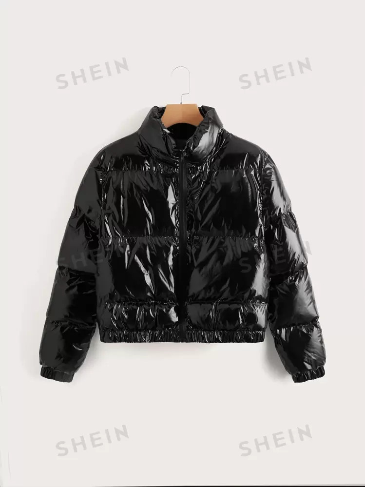 SHEIN x Carly Lawrence SHEIN EZwear Black Bright Coating Pu Solid Zip Front Padded Coat | SHEIN