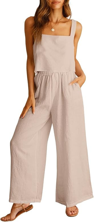 ANRABESS Women's 2 Piece Outfits Square Neck Linen Tank Crop Top Wide Leg Pants Matching Lounge S... | Amazon (US)