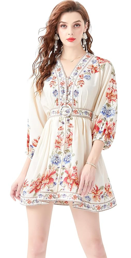 LAI MENG FIVE CATS Women's V-Neck Floral Print Lantern Sleeve Button up Belt Dress Casual Mini Dr... | Amazon (US)