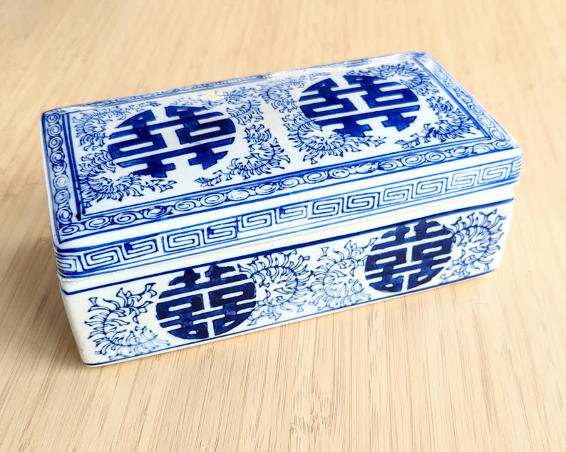 Vintage Blue and White Double Happiness Lidded Trinket Box - Etsy | Etsy (US)
