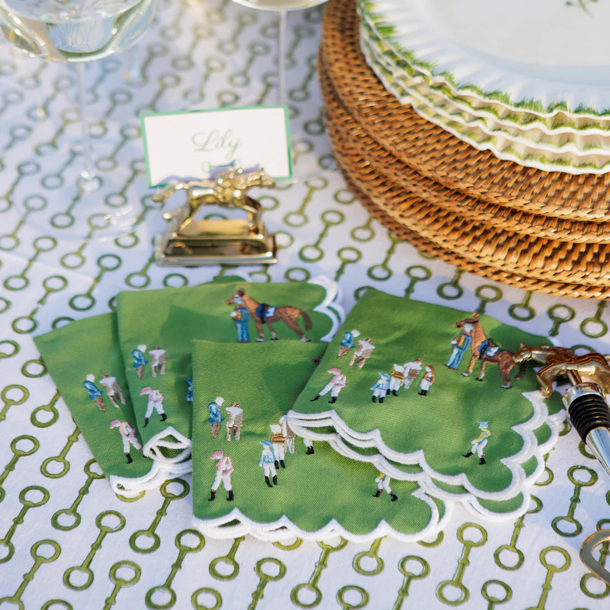 Paddock & Jockeys Green Embroidered Equestrian Cocktail Napkins | Pomegranate
