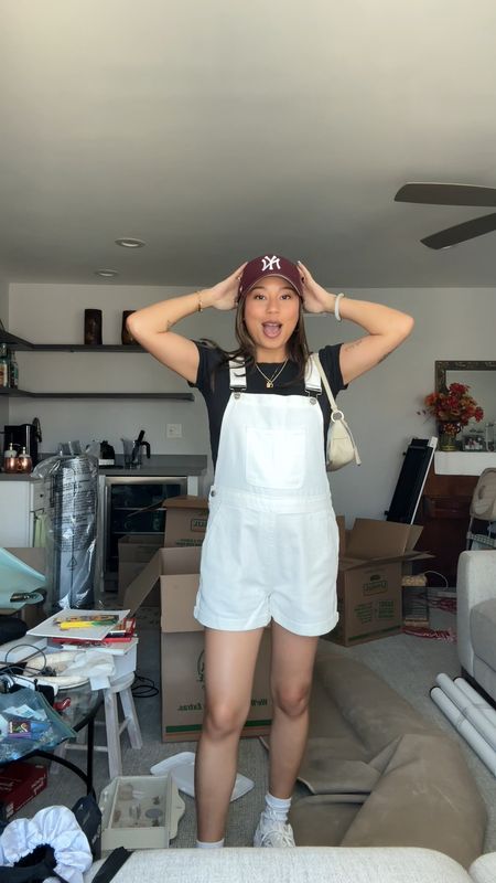 spring outfit check ft. the cutest white overalls 🤍 | overall shorts | spring fashion | spring style | spring look | maroon baseball cap | red hat | neutral sneakers | new balance sneakers | casual outfit | every day look 

#LTKVideo #LTKfindsunder100 #LTKstyletip