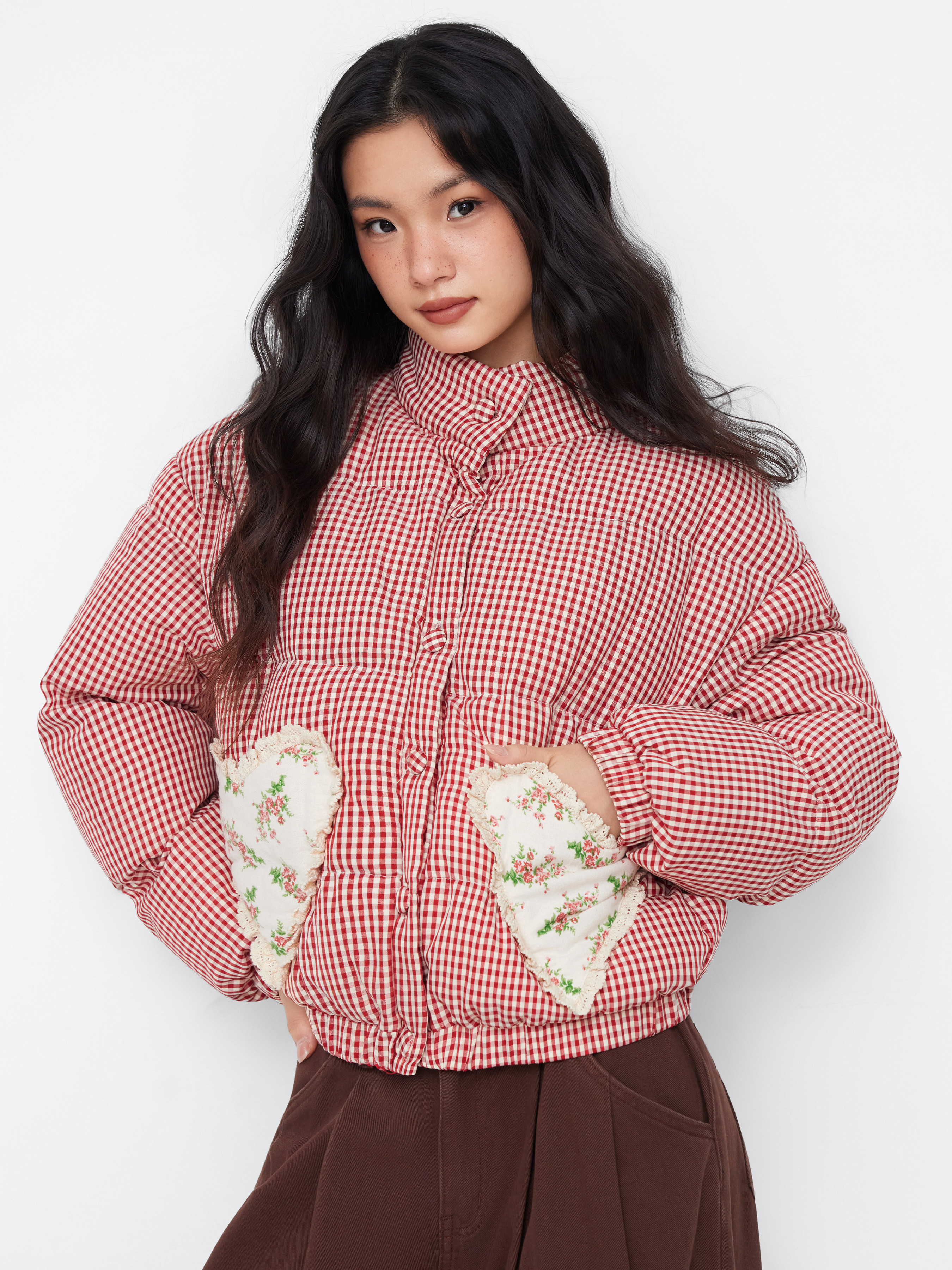 Woven Stand Collar Gingham Lace Trim Heart Pocket Oversized Puffer For Daily Casual | Cider