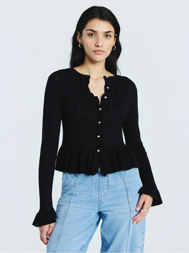 Scoop Women's and Women's Plus Peplum Ruffle Cardigan Sweater, Lightweight, Sizes XS-4X | Walmart (US)