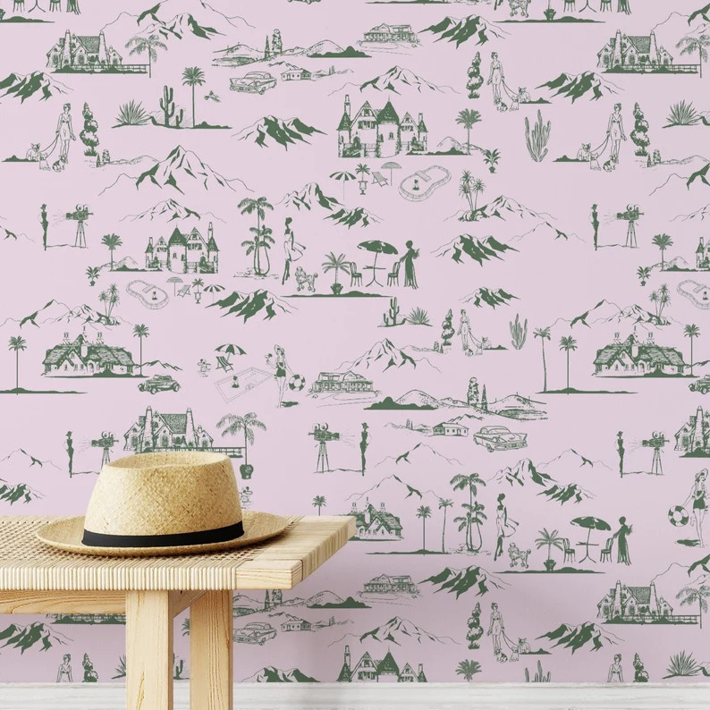 Hollywood Hills Toile Peel and Stick Wallpaper Pink and Green Wallpaper California Wallpaper Self... | Etsy (US)