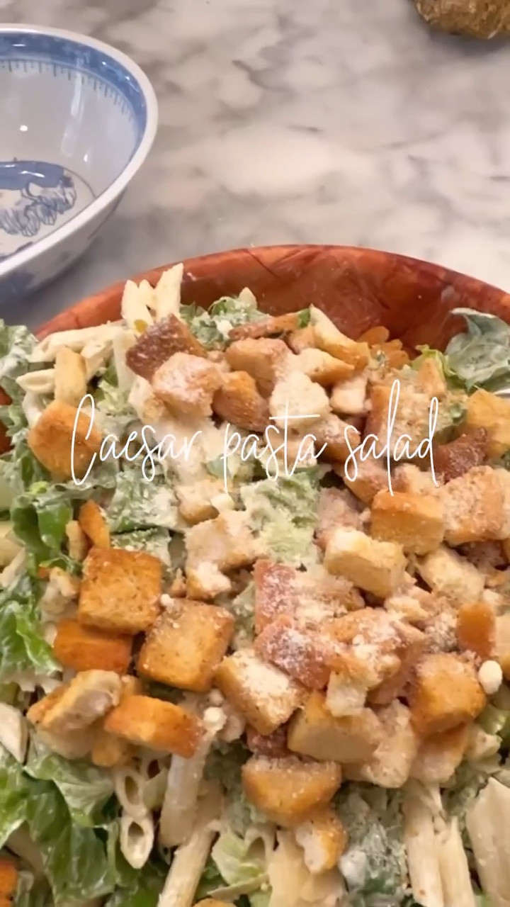 Caesar Pasta Salad

Chopped romaine lettuce 
Chopped cherry tomatoes 
Fresh grated parmesan
Penne pasta 
Caesar dressing 
Salt 
Pepper 
Fresh squeezed lemon juice for taste 
Mix together and top with croutons