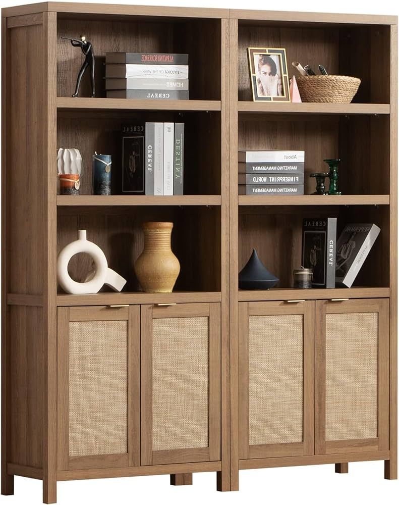 SICOTAS Bookcase 5 Tier Bookshelf Rattan Boho Tall Book Case Shelf with Doors Storage Large Wood ... | Amazon (US)