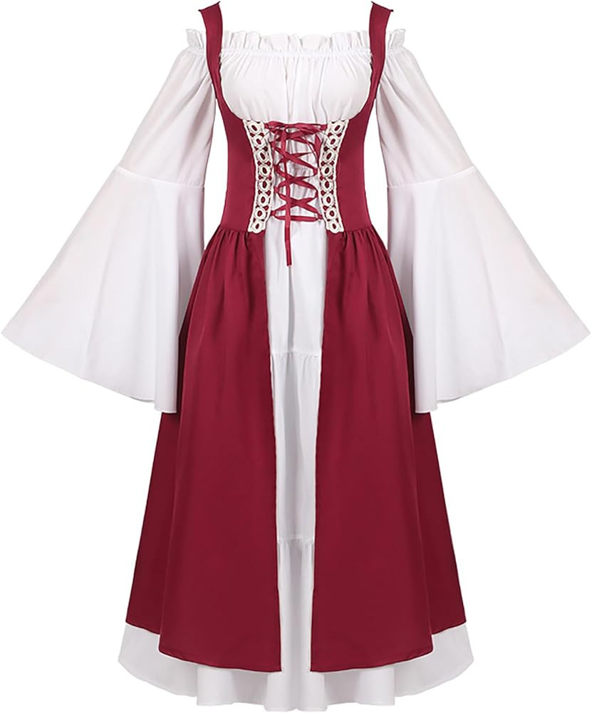 Renaissance Dresses for Women Medieval Irish Over Dress Lace-Up Trumpet Sleeve Dresses Peasant Fa... | Amazon (US)