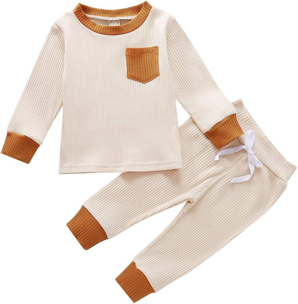Muasaaluxi Toddler Baby Boy Girl Long Sleeve Top Shirt + Solid Long Pants Ribbed Clothes Fall Win... | Amazon (US)