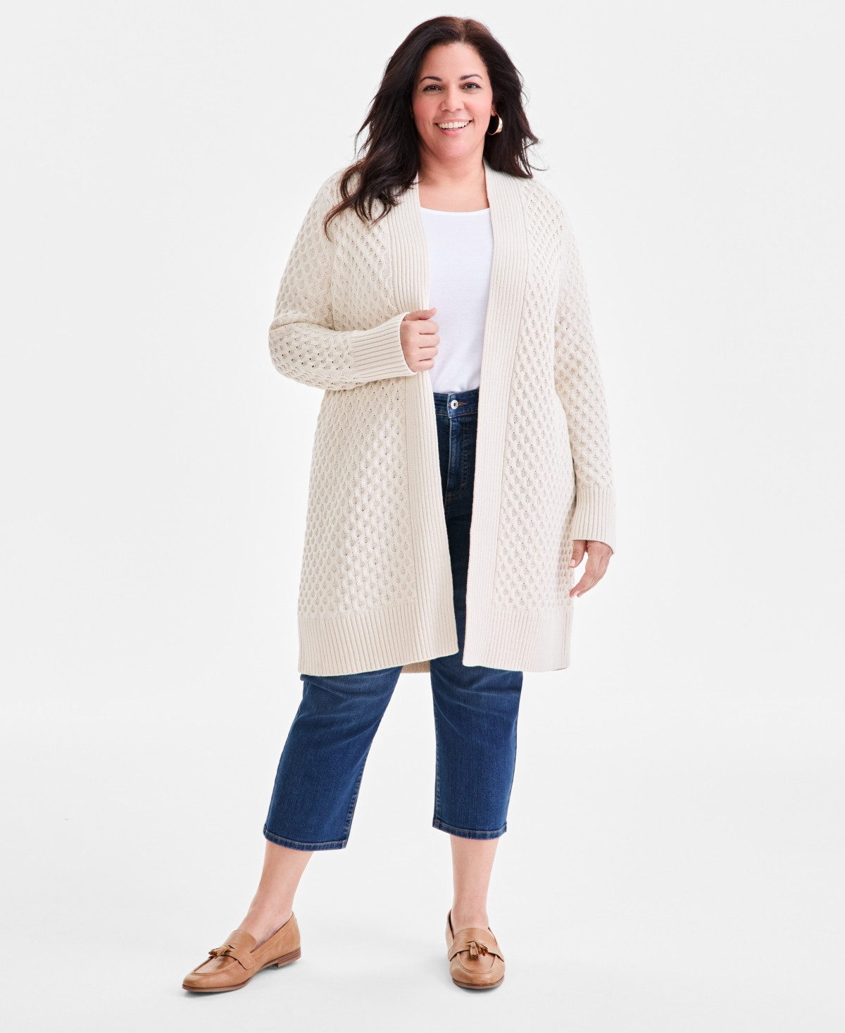 Style & Co Plus Size Open-Front Longline Cardigan Sweater, Macy's Exclusive - Beige Tint Heather | Macy's