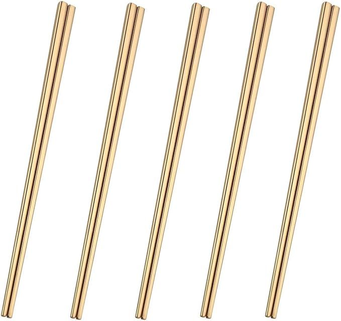 Stainless Steel Chopsticks - 5 Pairs Gold Reusable Dishwasher Safe Chopsticks, 304 Stainless Stee... | Amazon (US)