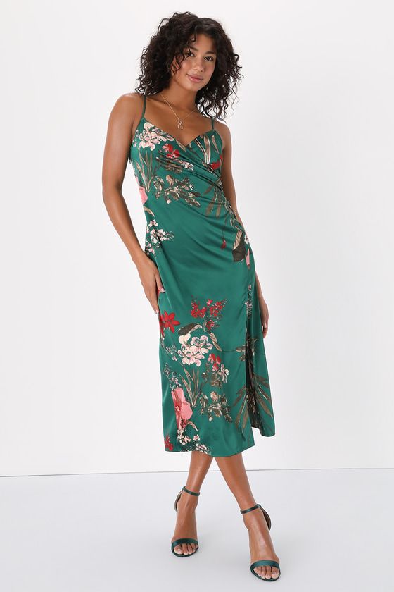 Remarkable Entrance Emerald Green Floral Print Satin Midi Dress | Lulus (US)