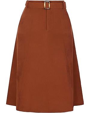 Allegra K Women's High Waist Elastic Back A-Line Belted Winter Fall Midi Corduroy Skirt | Amazon (US)